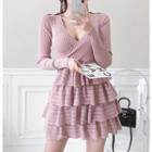 V-neck Knit Layer Mini Dress Pink - One Size
