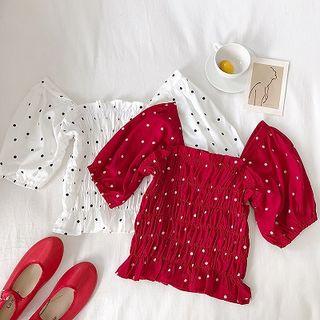 Polka Dot Square-neck Puff-sleeve Blouse