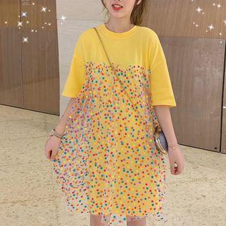 Elbow-sleeve Polka Dot Mesh Overlay T-shirt Dress As Shown In Figure - One Size