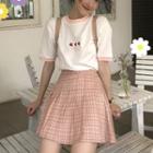 Set : Short-sleeve Strawberry Embroidered T-shirt + Plaid Skirt