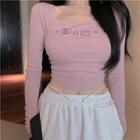 Long-sleeve Letter Embroidered Cropped T-shirt Pink - One Size