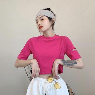 Cutout-sleeve Plain Mock-neck T-shirt