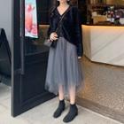 Plain V-neck Single-breasted Loose-fit Long-sleeve Cardigan / Plain High-waist Loose-fit Irregular Mesh Skirt