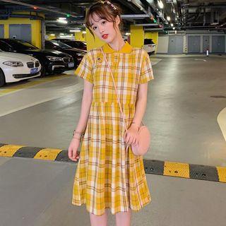 Plaid Short-sleeve A-line Polo Dress Yellow - One Size