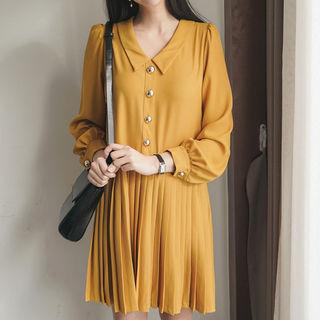 Button-trim Pleated-hem Dress
