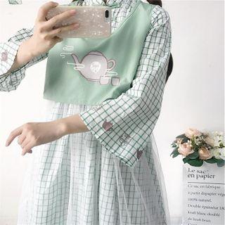 Mock Two-piece Plaid Long-sleeve A-line Dress Green - One Size