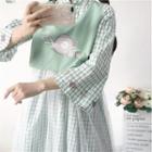 Mock Two-piece Plaid Long-sleeve A-line Dress Green - One Size