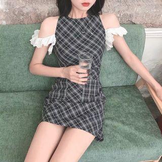 Cap-sleeve Cold Shoulder Plaid Mini Dress