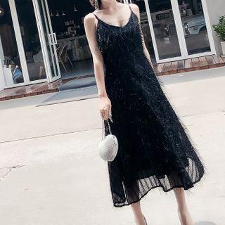 Sleeveless Fringed Plain Midi Dress