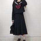 Set: Long-sleeve Sailor Collar Top + Pleated Midi A-line Skirt Black - One Size