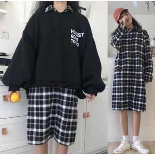Letter Sweatshirt / Plaid Long Shirt