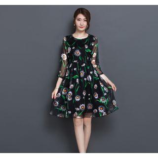 Floral Print 3/4 Sleeve A-line Chiffon Dress