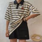 Striped Elbow-sleeve Collared T-shirt