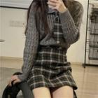 Collared Sweater With Necktie / Plaid Mini A-line Skirt