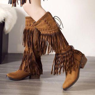 Fringed Trim Block Heel Knee-high Boots