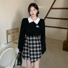 Contrast Collar Sweatshirt / Plaid Mini A-line Skirt
