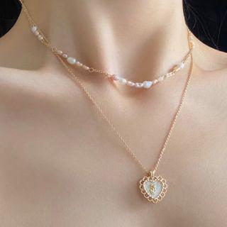 Alloy Heart Pendant Faux Pearl Layered Necklace Set Of 2 - 0634a - Gold & White - One Size