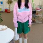 Round Neck Lettering Sweater Pink - One Size