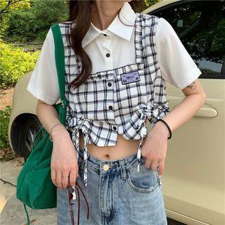 Mock Two-piece Short-sleeve Plaid Drawstring Crop Shirt Black & White - One Size