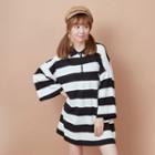 3/4-sleeve Striped Knit Polo Shirt 02 - Black - One Size