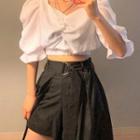 Elbow-sleeve Shirred Cropped Blouse