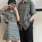 Couple Matching Short-sleeve Plaid Shirt / A-line Mini Skirt / Set