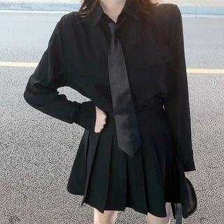 Long-sleeve Tie-neck Shirt / Mini A-line Pleated Skirt