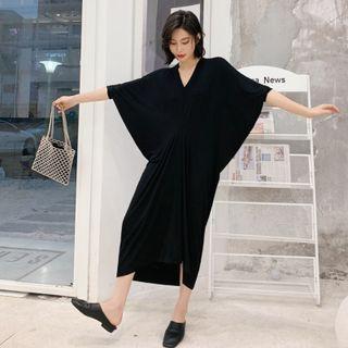Batwing-sleeve Shirred Midi A-line Dress