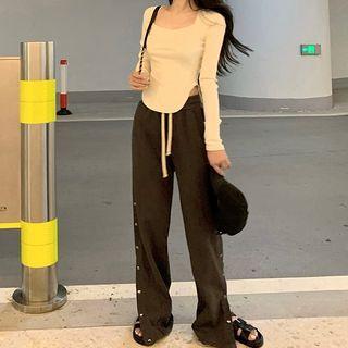 Asymmetrical Square-neck Long-sleeve T-shirt / High-waist Button-up Wide-leg Pants