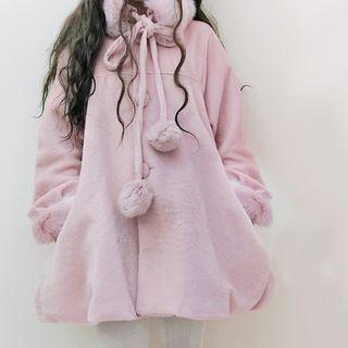 Pom Pom Button Coat / Faux Fur Trim
