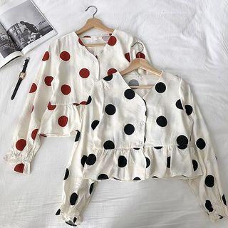 Polka Dot V-neck Ruffled-trim Blouse