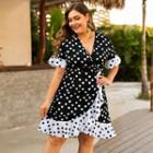 Short-sleeve Paneled Dotted A-line Dress