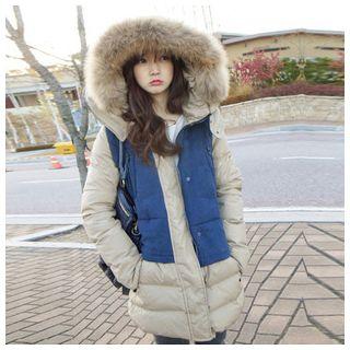 Faux Fur Trim Color-block Down Coat