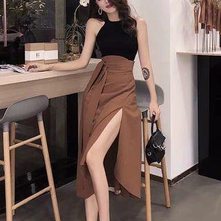 Set: Tank Top + Sashed Slit Midi A-line Skirt