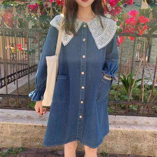 Peter Pan Collar Denim Skirt Wide Medium Long Dress