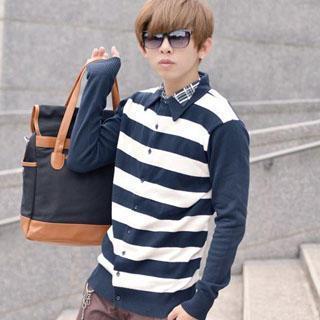 Plaid-trim Striped Knit Shirt