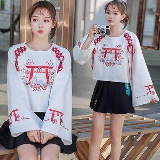 Bell-sleeve Lace-up Graphic Print Top / Pleated Mini A-line Skirt