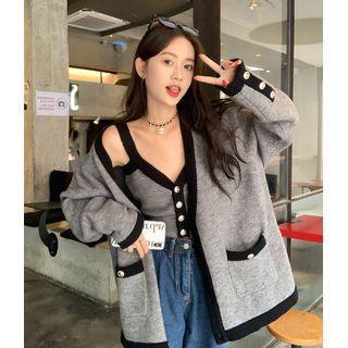 Contrast Trim Cardigan / Cropped Tank Top