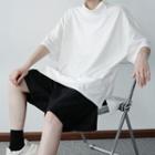 Elbow-sleeve Mock-neck Oversize Top