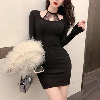 Long-sleeve Lace Panel Ribbed Sheath Dress