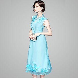Sleeveless Frog-button Embroidered Midi Shift Dress