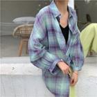 Long-sleeve Plaid Shirt / Spaghetti Strap Knit Top / Wide-leg Pants