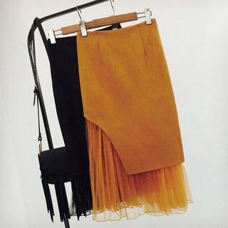 Faux Suede Organza Panel Skirt