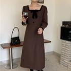 Square Neck Ribbon-accent Dress Brown - One Size