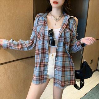 Cold-shoulder Plaid Shirt Plaid - Blue - One Size