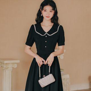 Short-sleeve Embellished Collar Midi A-line Dress