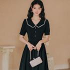 Short-sleeve Embellished Collar Midi A-line Dress