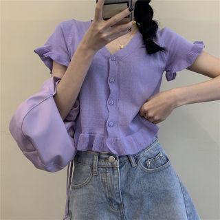 Short-sleeve Frill Trim Knit Buttoned Crop Top