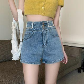 High Waist Faux Pearl Trim Denim Shorts