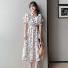 Set: Short-sleeve Floral Print Midi A-line Dress + Belt